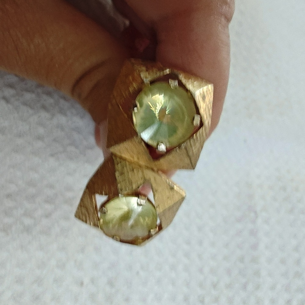 Cufflinks Gold Green‎ Geometric Textured Square Rhinestone Vintage Toggle Back